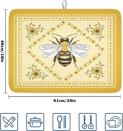 Giwawa Sunflower Bee Dish Drying Mat, Summer Rustic Sunshine Floral Dish Drainer Mats, Yellow Farmhouse Microfiber Reversible Large Dish Drying Pad Decor for Kitchen Countertop, 18x24inches