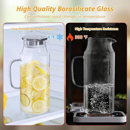 2 Liter 68 oz Glass Pitcher with Lid and Handle, Glass Carafe for Fridge, Water Pitcher for Hot/Cold Water, Large Jug for Iced Tea, Coffee, Juice and Homemade Beverage