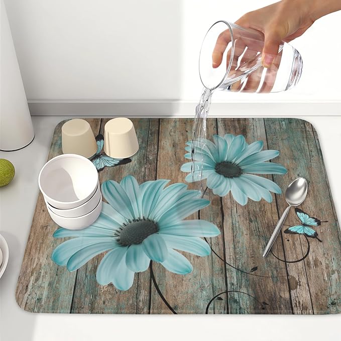 Teal Sunflowers Drying Mat 18x16 Inch, Summer Wooden Board Drying Mat with Absorbent Reversible Microfiber, Rustic Dish Drainer Mats Shabby Chic Floral Rack Pad for Coffee Countertop Kitchen Protector