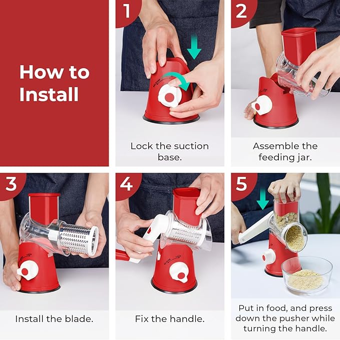 X Home Rotary Cheese Grater for Kitchen, Shredder with 3 Interchangeable Blades, Rotary Grater with Handle and Strong Suction Base, for Vegetables, Fruit, Nuts, Easy to Use and Clean, Red - Image 6