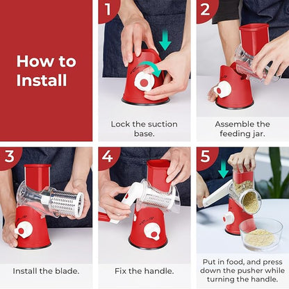 X Home Rotary Cheese Grater for Kitchen, Shredder with 3 Interchangeable Blades, Rotary Grater with Handle and Strong Suction Base, for Vegetables, Fruit, Nuts, Easy to Use and Clean, Red - Image 6