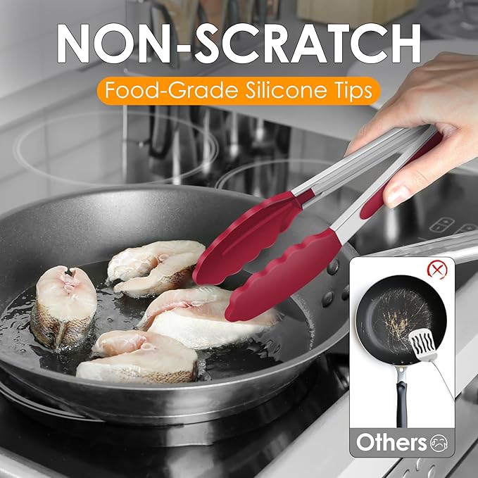 HOTEC Premium Stainless Steel Locking Kitchen Tongs with Silicon Tips, Set of 3-7", 9" and 12" (Red) - Image 3