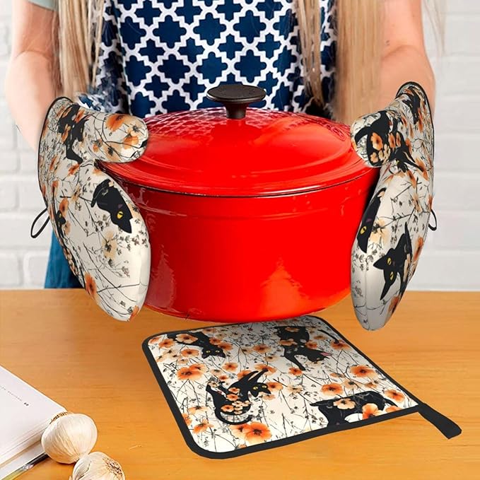 Orange Floral Pot Holders and Oven Mitts Set of 3,Cute Black Cat Kitchen Gloves Hot Pads for Baking Cooking Grilling BBQ Kitchen Decor,Black Cat Lover Gifts for Women