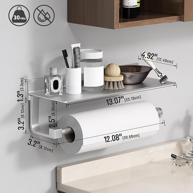 Danpoo Wall Mount Paper Towel Holder with Shelf for Bathroom/Kitchen, Adhesive Hand Towel Holder, Matte Silver - Image 2