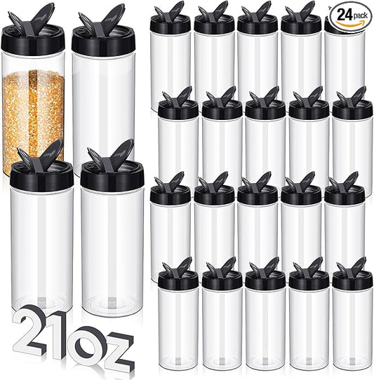 Zhehao 24 Pieces Plastic Spice Containers Plastic Spice Bottles Clear Reusable Large Empty Seasoning Jars with Shaker Lids for Kitchen Storage Seasoning Powder Herbs(21 oz,Cylinder,Clear and Black) by Zhehao