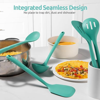 600ºF Heat Resistant Kitchen Utensil: U-Taste 13.6" Extra Long Silicone Cooking Tools Set, Food-Grade Non-Stick Solid and Slotted Turner Spatula, Mixing Spoon, and Soup Ladle (5 Pieces, Aqua Sky) - Image 9