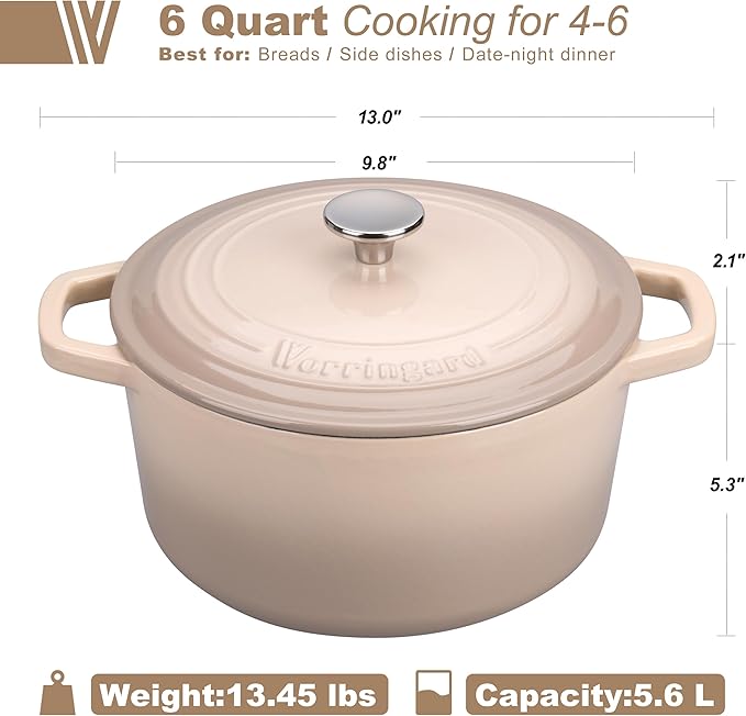 VORRINGARD Enameled Cast Iron Dutch Oven Pot with Lid, for Bread Baking, Round Bread Oven- include Sourdough Bread Baking Supplies Set, 6QT, Latte - Image 2