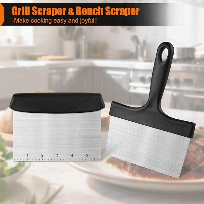 Grill Scraper&Bench Scraper Set，Food Scraper with Handle for Blackstone, Flat Top Grill Cleaning，Premium Stainless Steel Dough Cutter with Measuring Scale for Pastry,Cake,Pizza,Bread,Cooking - Image 7