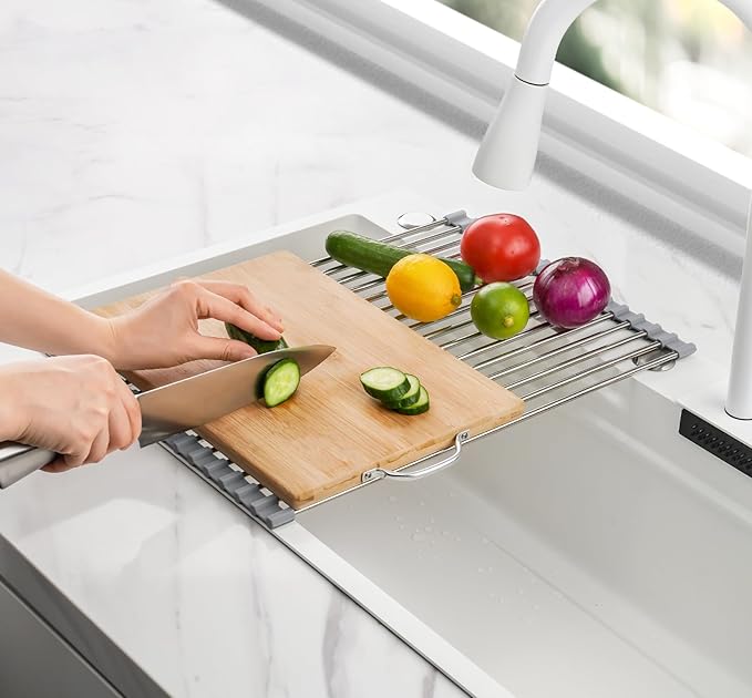 Tomorotec 17.7" x 12.5" Roll Up Dish Drying Rack Over Sink Drying Rack Sink Cover Kitchen Sink Accessories Gadget Multipurpose Organizer Foldable Stainless Steel Drainer - Image 7