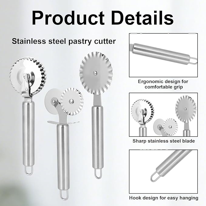 3pcs Pastry Wheel Cutter Set, Stainless Steel Ravioli Pizza Cutter Wheel & Fluted Pasta Crimper with Ergonomic Handle for Dough Pie Kitchen Tools Accessories Supplies (Silver)