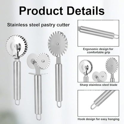 3pcs Pastry Wheel Cutter Set, Stainless Steel Ravioli Pizza Cutter Wheel & Fluted Pasta Crimper with Ergonomic Handle for Dough Pie Kitchen Tools Accessories Supplies (Silver)