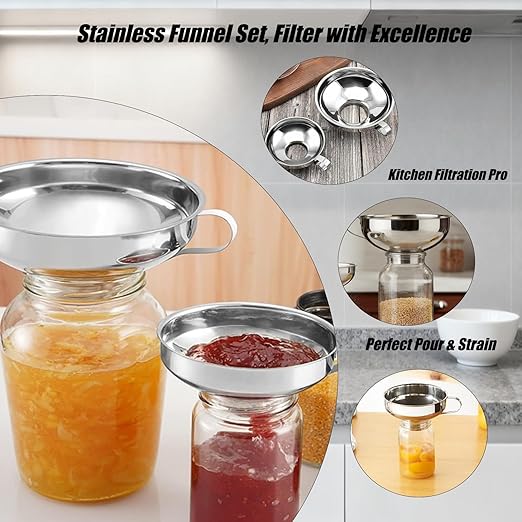 Funnel Set - 2Pcs Stainless Steel Ideal for Canning and Filling Wide Mouth or Regular Jars. This Durable Funnel Features a Handle for Easy Pouring and is Made of Stainless Steel for Long-Lasting use.