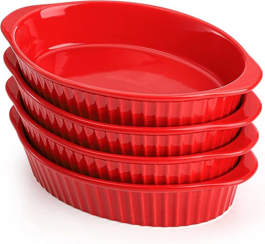 Foraineam 4 Pcs 15 oz Porcelain Oval Baking Dish Set, 8.7 x 5.3 x 1.7 inch Oven Safe Au Gratin Pans Small Table Serving Dishes, Lasagna Pan Crème Brulee Bakeware Set with Double Handles