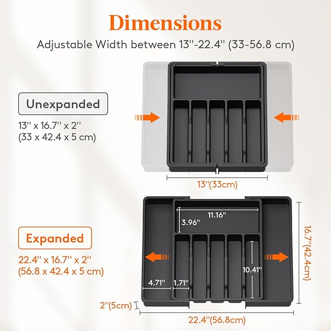 Lifewit Silverware Drawer Organizer, Expandable Utensil Tray for Kitchen, BPA Free Flatware and Cutlery Holder, Adjustable Plastic Storage for Spoons Forks Knives, 33 -57 x 42cm, Black - Image 3
