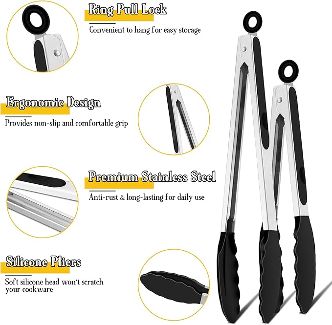 TeamFar Kitchen Tongs, 9" and 12" Stainless Steel Cooking Tongs with Silicone Tips for Cooking Grilling Serving & BBQ, Heat Resistant Silicone Tongs, Locking Design & Dishwasher Safe, Set of 2 & Black - Image 3