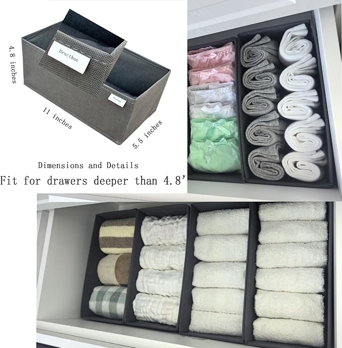 Bructhun Sock Drawer Organizer 6 Pack - Collapsible Fabric Storage Bins for Underwear Divider, Small Closet Organizers with 6 Compartments, Gray - Image 5