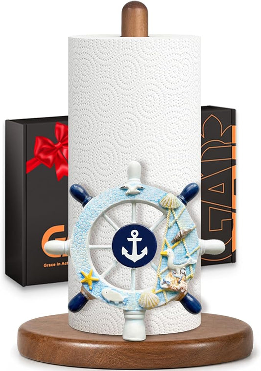 Ship's Rudder Paper Towel Holder, Nautical Coastal Beach Ocean Decor for Kitchen Bathroom Countertop, Freestanding Wooden Stand, Standard & Jumbo Rolls, Gift for Women