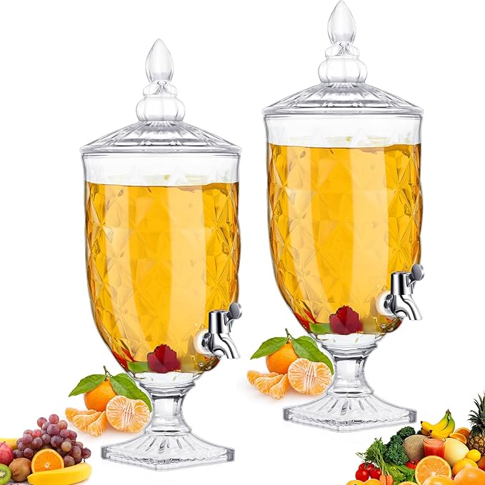 Bokon 2 Pieces Drink Dispensers for Parties Crystal Iced Beverage Dispenser with Stand and Spigot, Glass Liquid Containers Wide Mouth Beverage Server for Juice Tea Wedding(Delicate) by Bokon