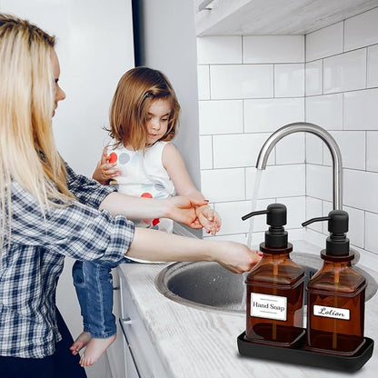 LMQML Soap Dispenser - 2 Pack, Antique Design Thick Amber Glass Hand Soap Dispensers with Sturdy Tray; 304 Rust Proof Stainless Steel Black Pump, 12Pcs Stickers, for Kitchen, Bathroom- Black - Image 7