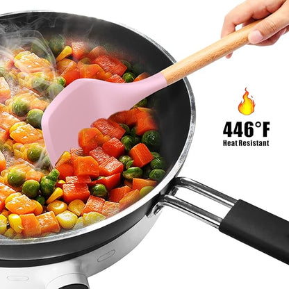 Silicone Kitchen Utensils Set - 446°F Heat Resistant Cooking Utensil Sets, Spatula,Turner,Tongs,Spoon,Brush,Whisk, Wooden Handle Silicone Kitchen Gadgets Tools for Non-Stick Cookware BPA Free (Pink) - Image 8