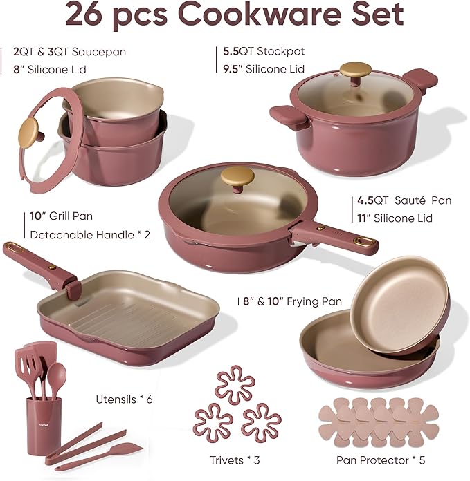 CAROTE 26 Pcs Pots and Pans Set, Nonstick Cookware Sets with Detachable Handle, Titanium Reinforced, Oven Safe, Cookware Non Stick Cooking Set w/Frying Pans & Saucepans Red(PFOS, PFOA Free) - Image 2