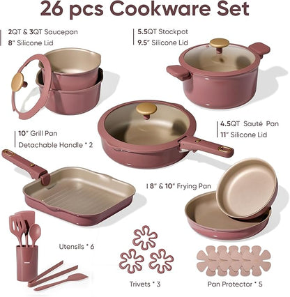 CAROTE 26 Pcs Pots and Pans Set, Nonstick Cookware Sets with Detachable Handle, Titanium Reinforced, Oven Safe, Cookware Non Stick Cooking Set w/Frying Pans & Saucepans Red(PFOS, PFOA Free) - Image 2