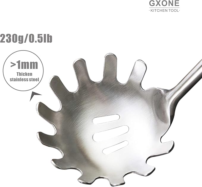 Spaghetti Spoon,304 Stainless Steel Pasta Spoon with Heat Resistant Wooden Handle,Silver/14.2Inch - Image 4