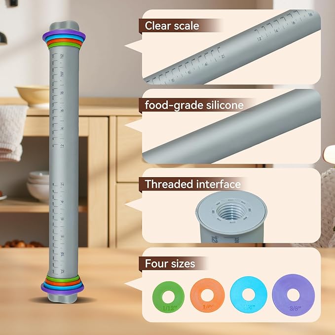 Adjustable Rolling Pin with Thickness Rings, 12.8" Silicone Non Stick Dough Roller for Pizza, Pastry, Fondant, Pie Crust, Baking Tool with Stainless Steel Core, Easy Clean