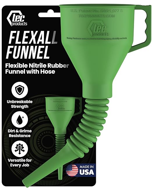 TEC Products FlexAll Long Flexible Funnels - Automotive Oil Funnel with Hose, Durable Nitrile Rubber for Oil Change, Transmission Funnel Fluid, Diesel, Fuel, Gas - Made in USA - Green (16 x 5 Inches) by TECProducts