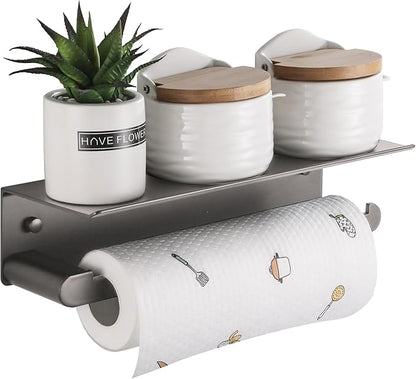 DUFU Paper Towel Holder with Shelf for Kitchen, Paper Towel Holder Wall Mount for Bathroom, Self-Adhesive Anti-Rust Aluminum, No Drill or Wall-Mounted with Screws (Grey)