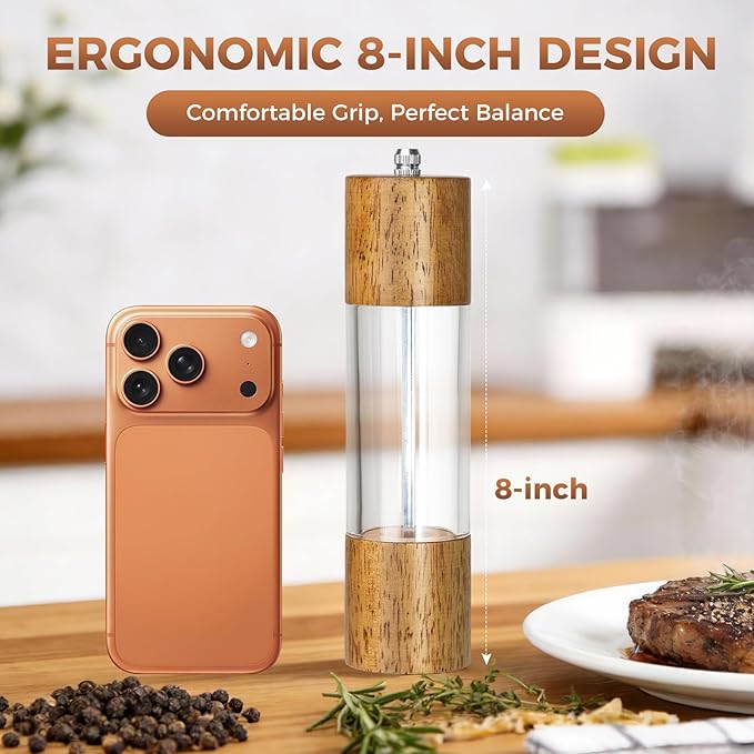 2-Pack Wooden Salt and Pepper Grinder Set - 8 Inch Manual Adjustable Ceramic Grinding, Refillable Acrylic Salt and Pepper Grinder Set, Custom Coarse to Fine Settings, for Home Dining & Gifts - Image 6