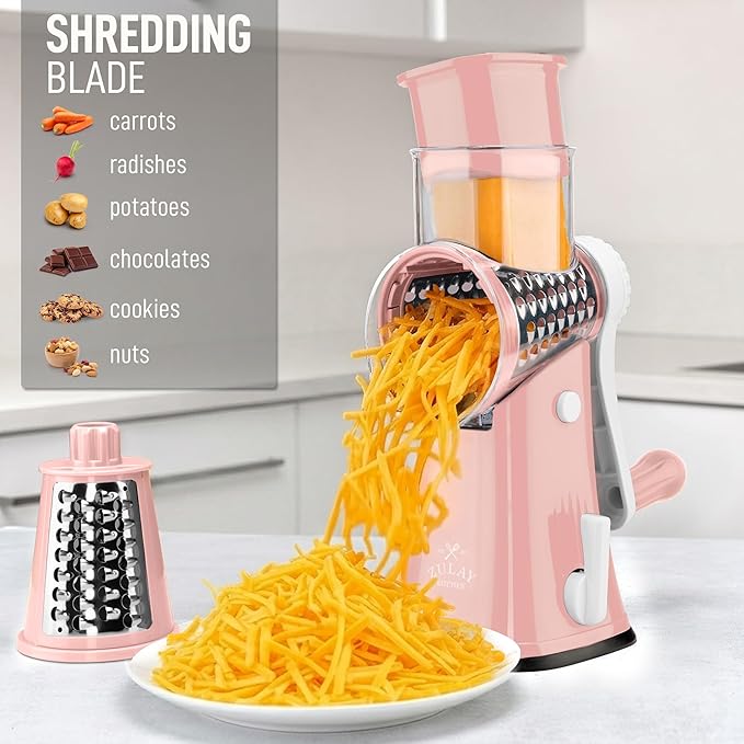 Zulay Kitchen Rotary Cheese Grater 5 Blade Cheese Shredder - Manual Hand Crank Cheese Grater With Reinforced Suction & 5 Interchangeable Drums - Easy to Use, Vegetable Chopper Round Mandoline Slicer - Image 3