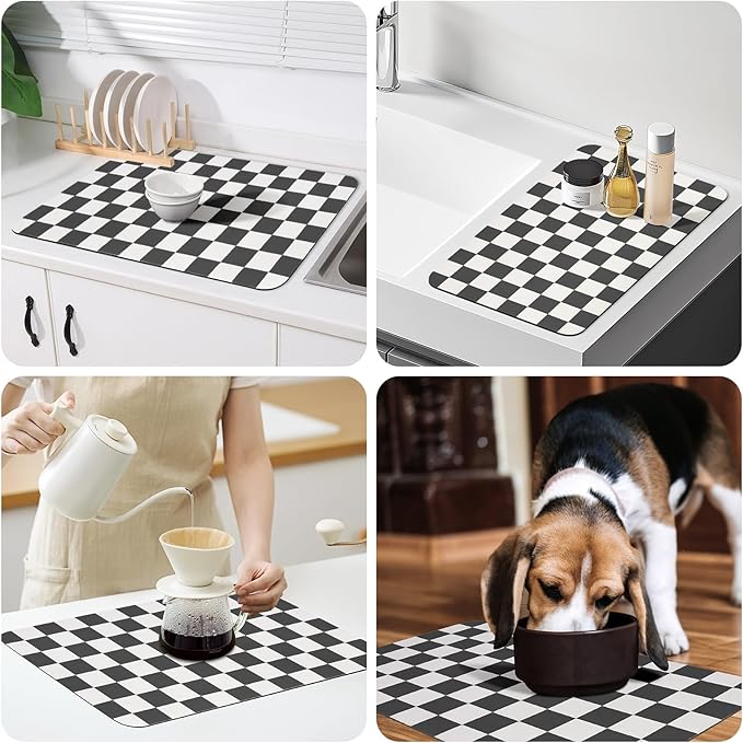 CooRug Checkered Dish Drying Mat for Kitchen Counter, Absorbent Non-Slip Coffee Mat, Heat Resistant Mat for Countertops Coffee Bar Decor 16" x 24" Black - Image 7