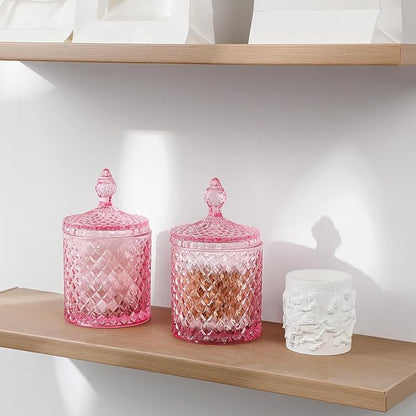 rejomiik 2 Pack Qtip Holder Glass Apothecary Jars with Lid for Bathroom Canisters Dispenser Decor, Storage Organizer for Cotton Swabs, Balls, Pads, Floss Picks, Candy, Pink