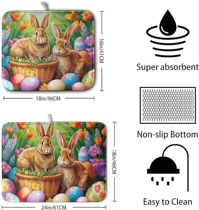Easter Bunny Eggs Dish Drying Mat for Kitchen Counter, Tulip Floral Flower Drying Mat Spring Summer Holiday Dish Mat Drying Kitchen Mat Absorbent Kitchen Drying Mat for Sink 18x24Inch - Image 2
