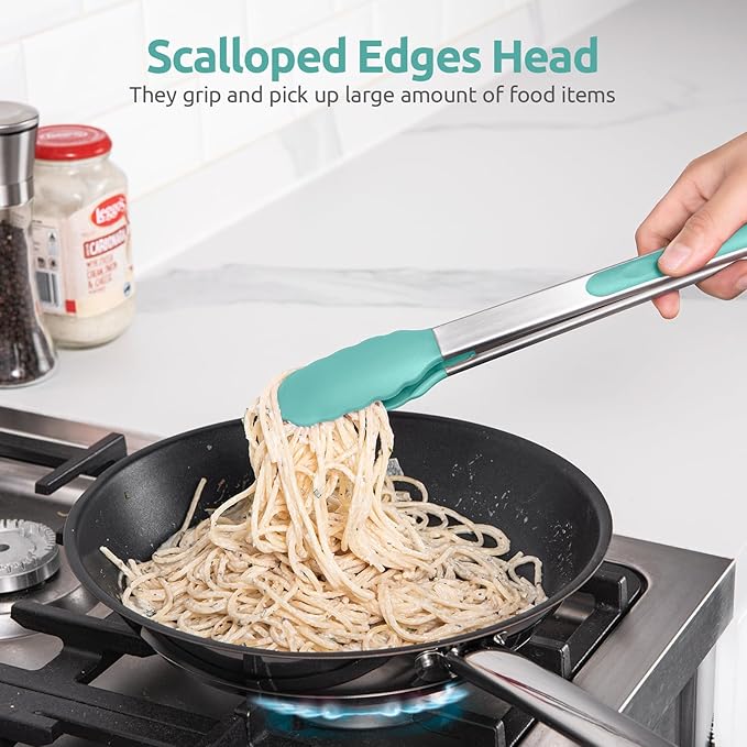 600ºF Heat Resistant Kitchen Tongs: U-Taste 9+12 inch Silicone Cooking Tong Set with Firm Sealed Non Stick Rubber Tips and Silicon Coated 18/8 Stainless Steel Handle for Serving Grilling (Aqua Sky) - Image 4