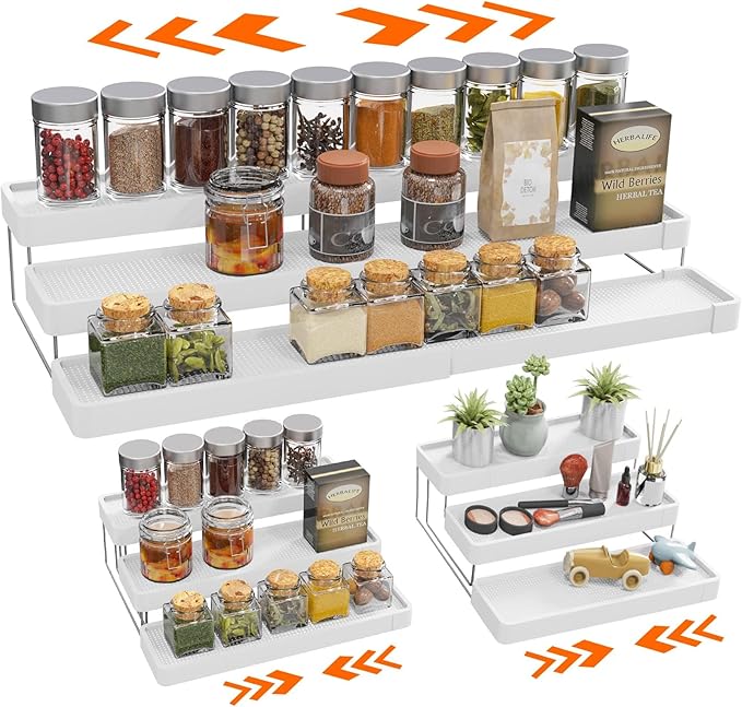 Expandable Spice Rack Organizer for Cabinet - 3 Tier Adjustable Cabinet Spice Organizer Easy Visibility - Spice Organizer for Cabinet Countertop Cupboard Pantry Organization (White) by invocoo