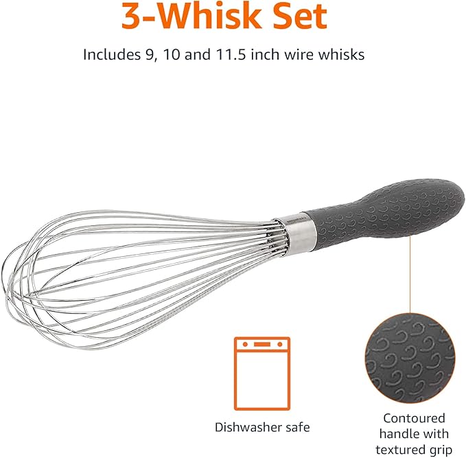 Amazon Basics Stainless Steel Wire Whisk Set for Cooking, Different Sizes, Easy to Hold Ergonomic Handle, 3 Piece, Black/Silver - Image 5