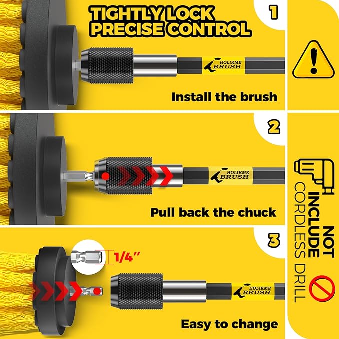 Holikme 6Pack Drill Brush Power Scrubber Cleaning Brush Extended Long Attachment Set All Purpose Drill Scrub Brushes Kit for Grout, Floor, Tub, Bathroom and Kitchen Surface,Scratch Brushes（Yellow） - Image 6