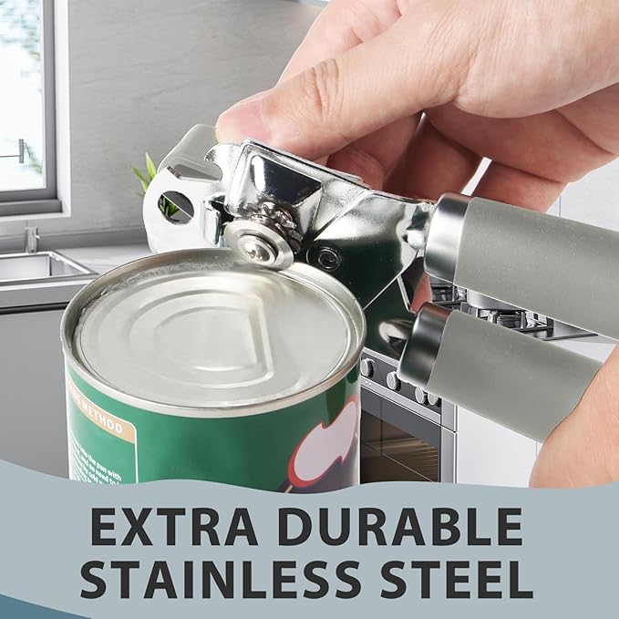 Safring Can Opener Manual, Heavy Duty Handheld Strong Can Opener with Soft Touch Handle, Sharp Blade Smooth Edge, Can Openers with Multifunctional Bottle Opener, Gray - Image 4