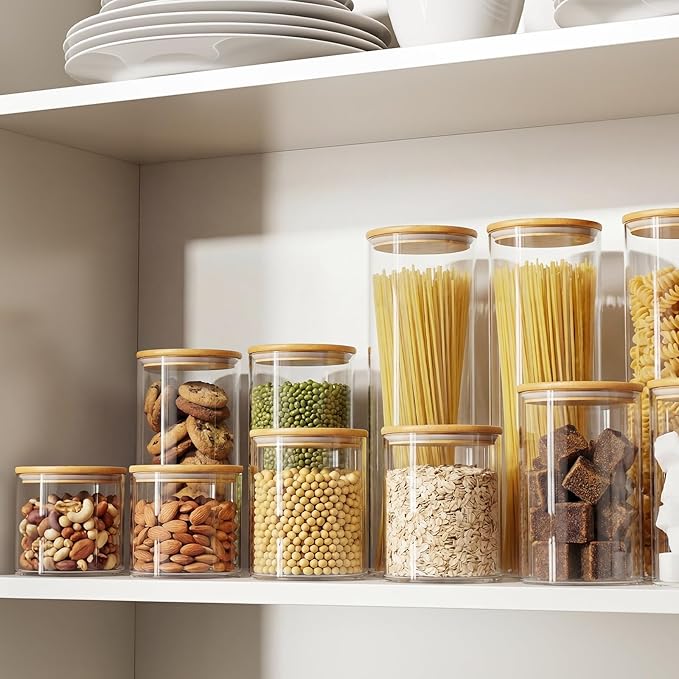 OneDream Glass Container - 5 Pack MultiSize Glass Jars with Bamboo Lid, Bamboo Lid Storage Jar Canister for Coffee Beans, Cereal, Pasta, Flour, Tea, Nuts, Candy, Salts and More - Image 6