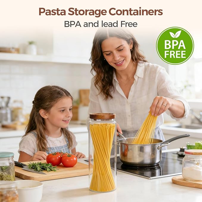 ComSaf 3Pcs (1.7Qt) Airtight Glass Pasta Storage Containers with Acacia Wood Lids, Tall Pantry Storage Container for Organizing Spaghetti and Pasta, Thick Glass Spaghetti Container with Pasta Labels - Image 2
