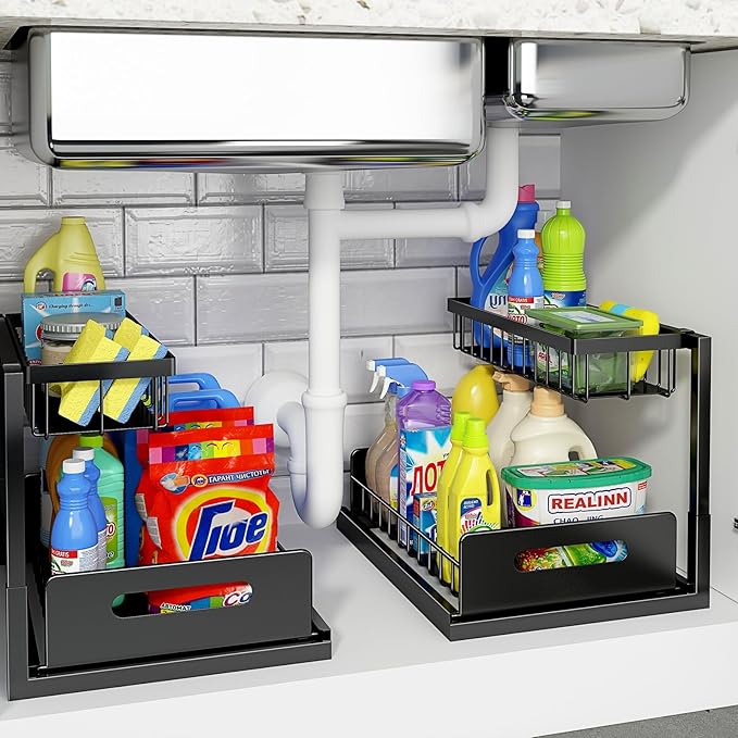 REALINN Under Sink Organizer, L-Shaped 2 Tier Pull Out Cabinet Organizer for Kitchen and Bathroom, Slide Out Under Cabinet Storage, Metal Under Sink Storage with Sliding Drawer, 50 lbs, Black 2 Pack by REALINN