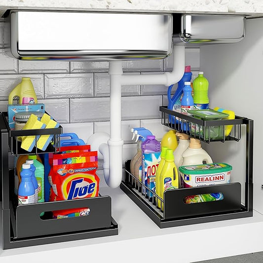 REALINN Under Sink Organizer, L-Shaped 2 Tier Pull Out Cabinet Organizer for Kitchen and Bathroom, Slide Out Under Cabinet Storage, Metal Under Sink Storage with Sliding Drawer, 50 lbs, Black 2 Pack by REALINN