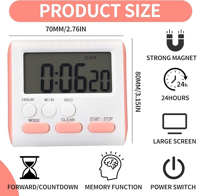 Mudder 12 Pack Digital Kitchen Timer for Cooking, Large Digits, 24 Hour Magnetic Backing Stand Kitchen Timers Clock for Classroom Kids Teachers, Loud Alarm and Large Screen (Mix Color) - Image 2