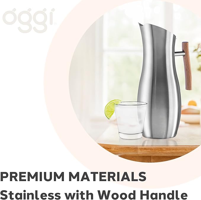 OGGI Slimline Stainless Steel Pitcher- Stainless Steel Water w/Ice Guard, Water Carafe, Great Metal Container for Entertaining, Ideal 68oz / 2 Lt Drink Pitcher - Image 5