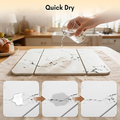 Stone Drying Mat for Kitchen Counter，Foldable Quick-Dry Dish Drying Mat，Water-Absorbent Marble Diatomaceous Earth Mats for Dishes, Cups & Bottles on Any Countertop(20"x16")