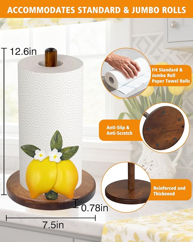 Lemon Paper Towel Holder, Yellow Lemon Kitchen Decor for Countertop, Gifts for Women, Wooden Stand with 3D Resin Fruit Accent, Non-Slip Base, Fits Standard & Jumbo Rolls