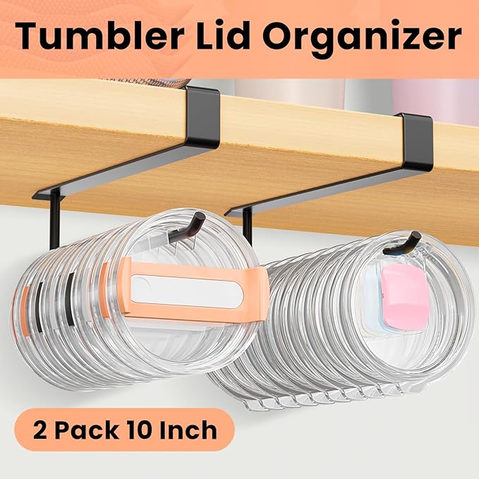 2 Pack Large Tumbler Lid Organizer, Under Cabinet Cup Lid Holder for Yeti Insulated Mug/Stanley Insulated Mug/Simple Modern Insulated Mug Lid, No Gluing, No Drilling, Up to 10 Lids (Black) - Image 2