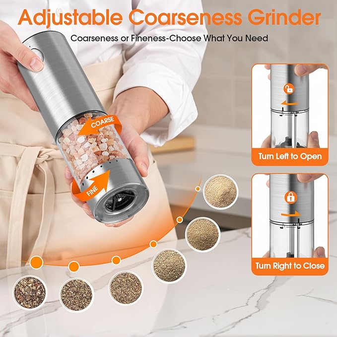 WOWBOX Electric Salt and Pepper Grinder Set 2 PCS, Stainless Steel Automatic Coarseness, Rechargeable Salt and Pepper Shakers, 95 L Large Capacity Multifunctional Pepper Mill, for Kitchen - Image 4